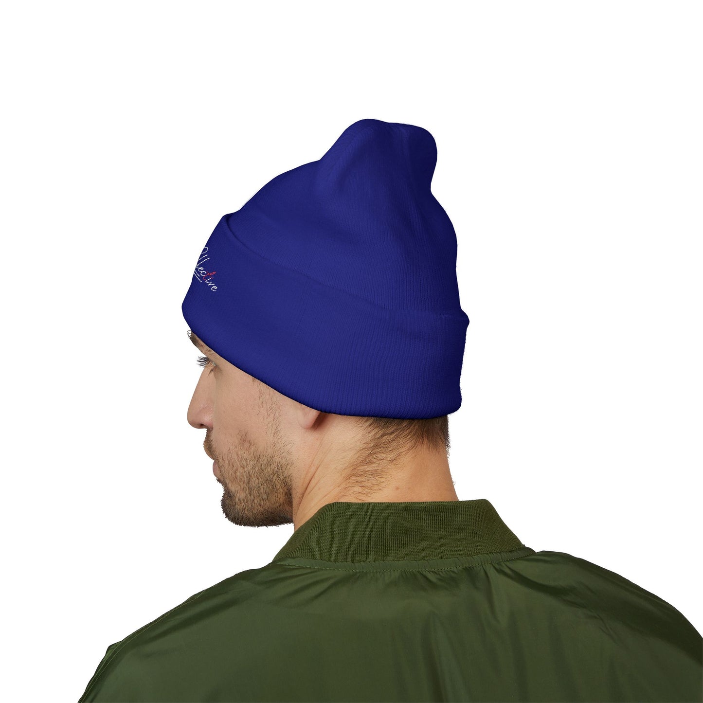 Embroidered Cuffed Beanie — Yellow Signature Script Knit Hat