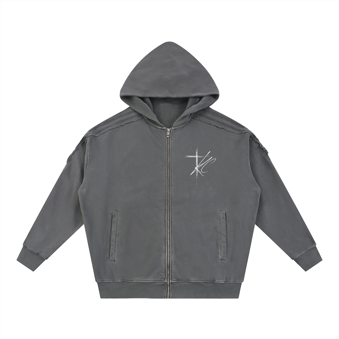 KC Set apart Light Gray Snow Washed Tape Raw Edge Zip Hoodie