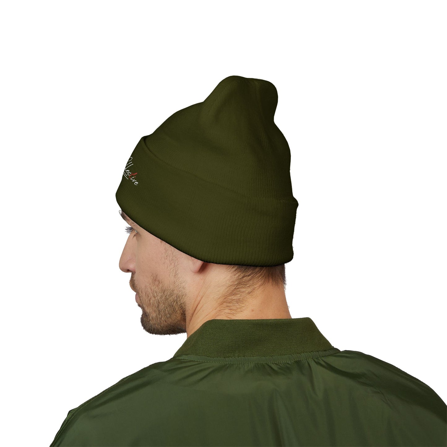 Embroidered Cuffed Beanie — Yellow Signature Script Knit Hat