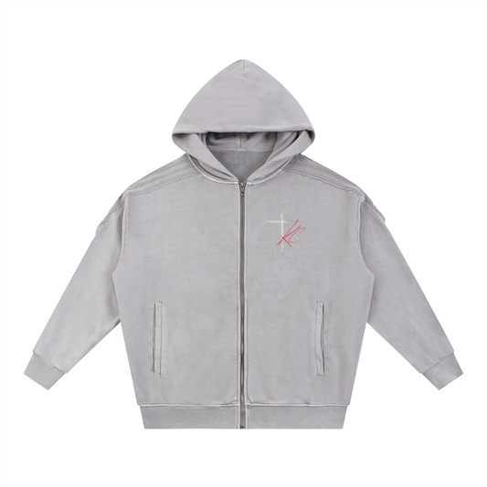 KC Set apart Light Gray Snow Washed Tape Raw Edge Zip Hoodie