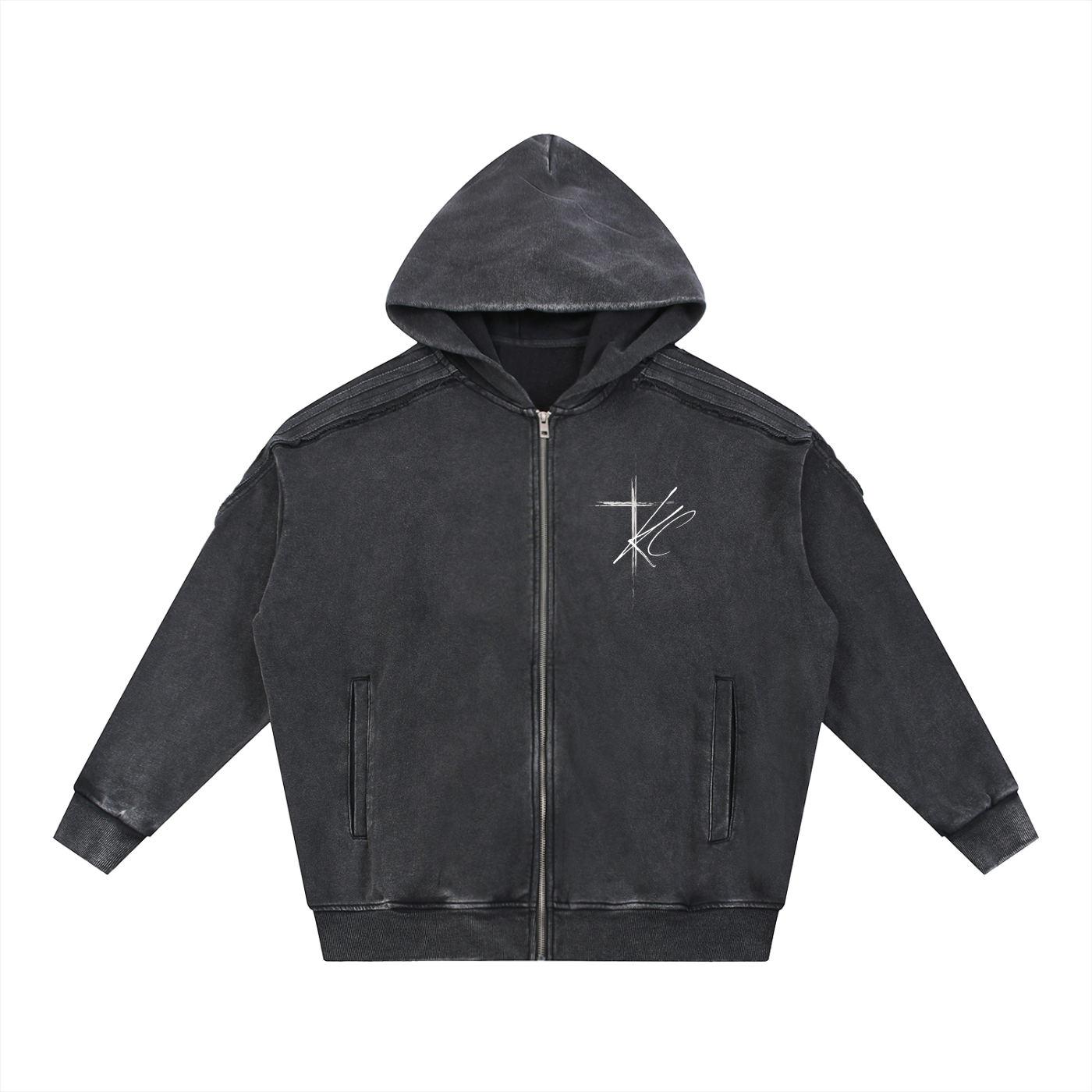 KC Set apart Light Gray Snow Washed Tape Raw Edge Zip Hoodie